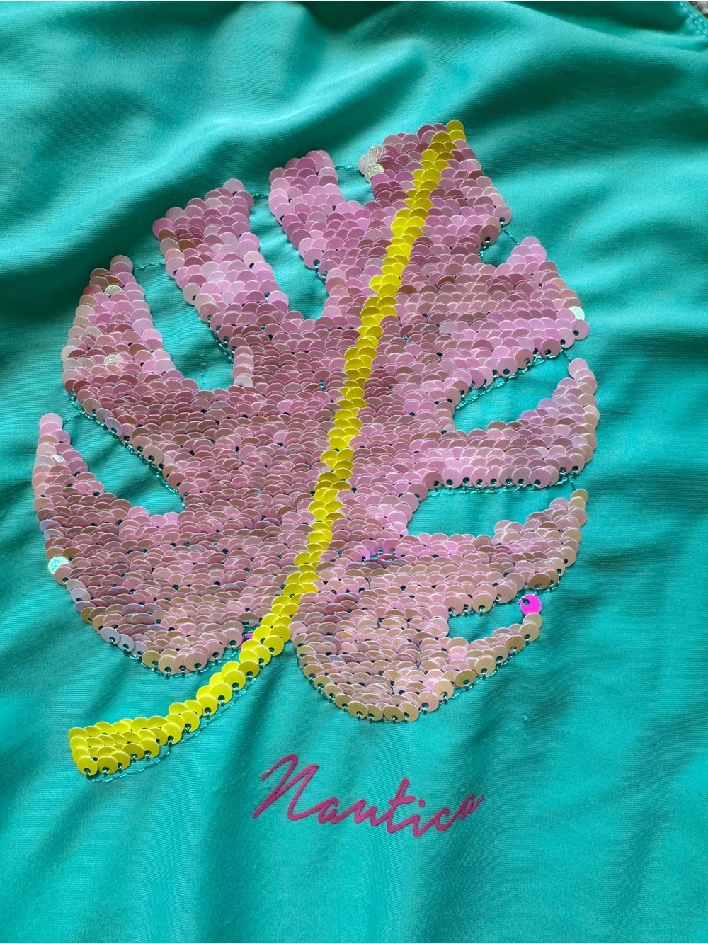 Nautica Girls One Piece Swimsuit Teal Pink Sequin Palm Leaf Bathing Suit size 6 - Picture 6 of 8